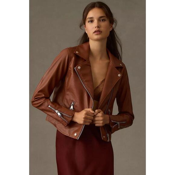Anthropologie Women's The Saige Faux Vegan Leather Moto Jacket Brown City Biker - Picture 1 of 12